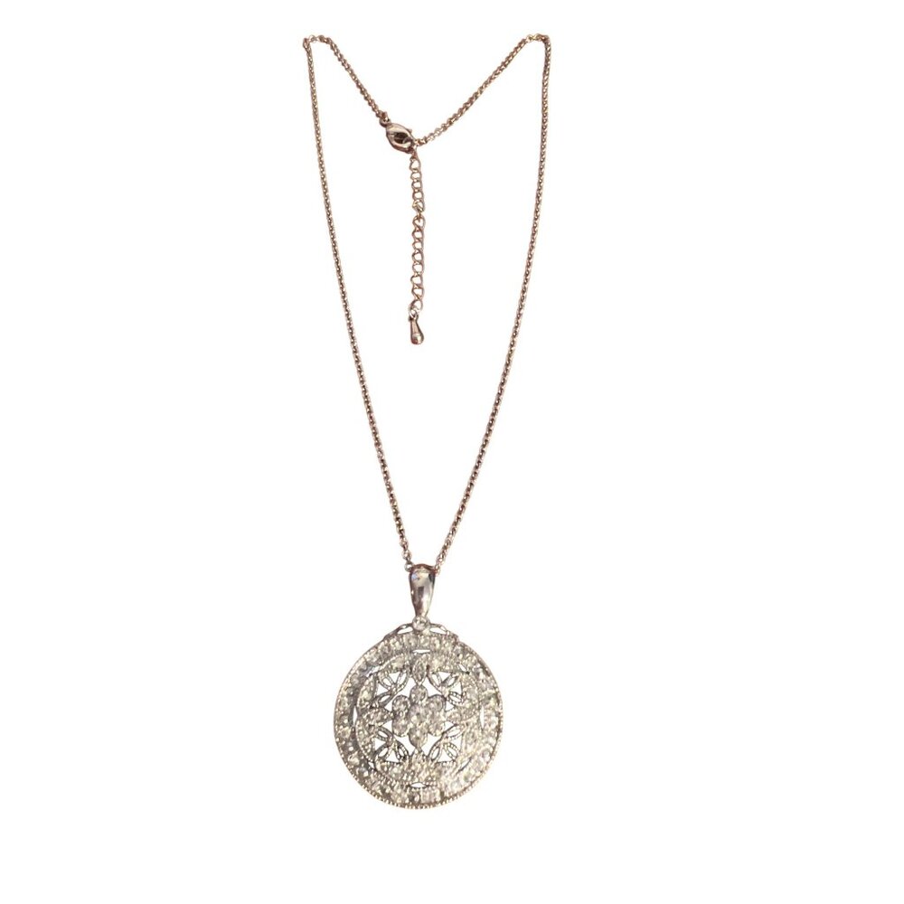 Silver Tone Necklace Round Medallion Pendant Filagree Open Work Rhinestone Adj